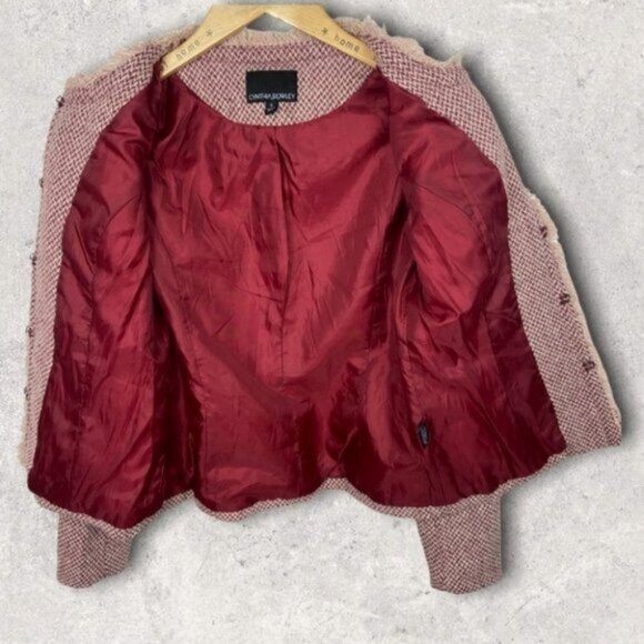 Cynthia Rowley Tweed Blazer Jacket Red Size Small Retro Fringe Bohemian Knit S - Picture 3 of 15
